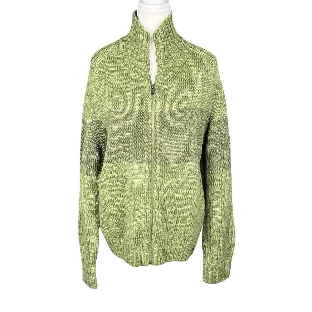 Aigle Mens Wool Zip Up Cardigan Sweater Knit Green Stripe Grunge Y2K Medium